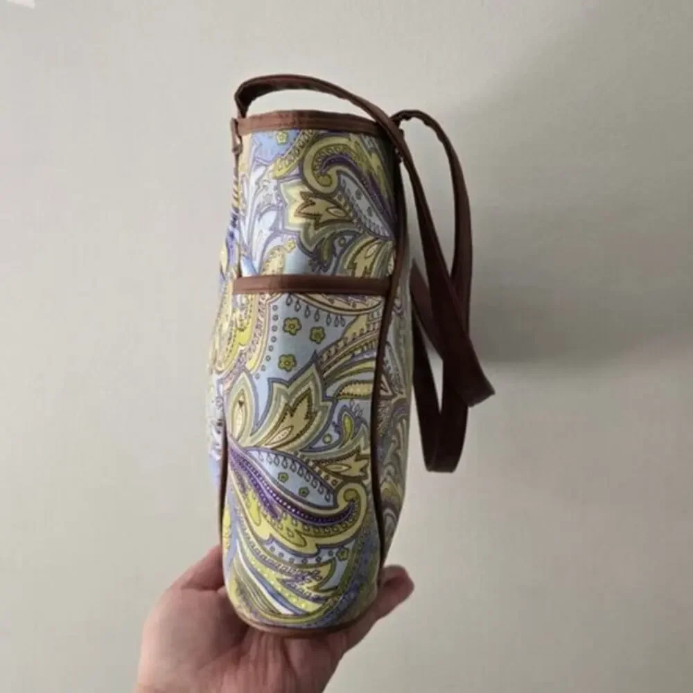 Longaberger Tote Blue Green Paisley Faux Leather Trim Handles EUC